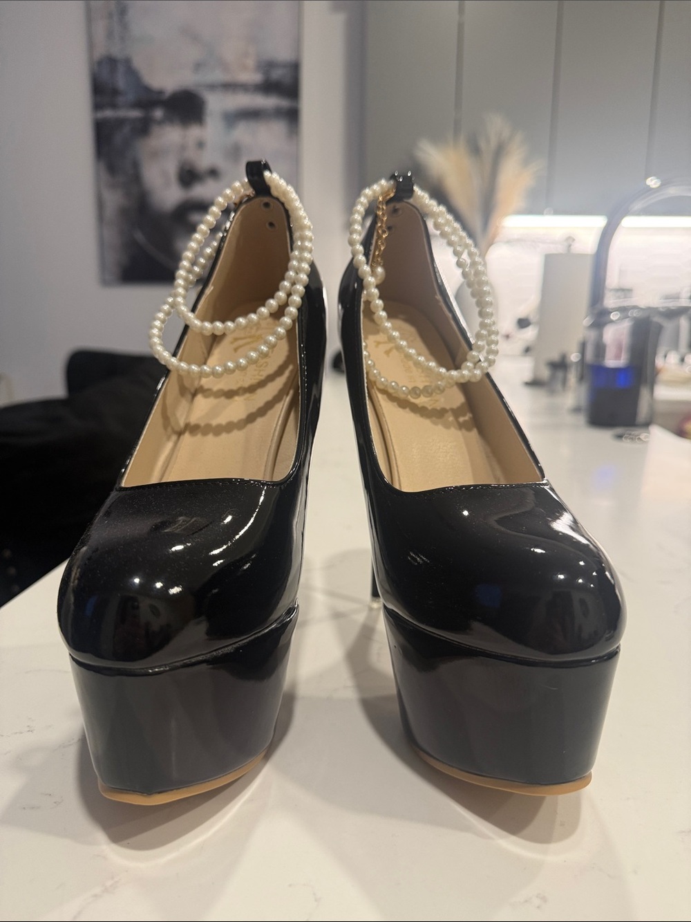 Black Patent Platform Mary Jane Pumps with Pearl Ankle Straps — Women's